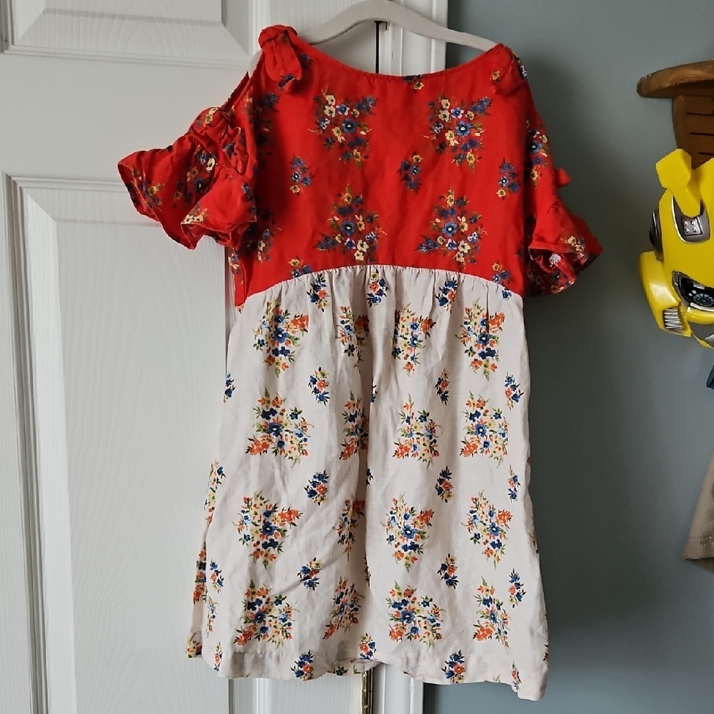 Zara Red and White Floral Kids Dress, Linen Blend W Shoulder Cut Off Ties